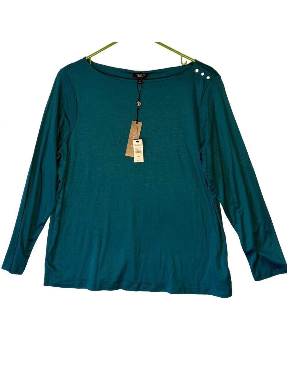 Talbots long sleeve top teal Cotton Modal size 1X jeweled shoulder buttons